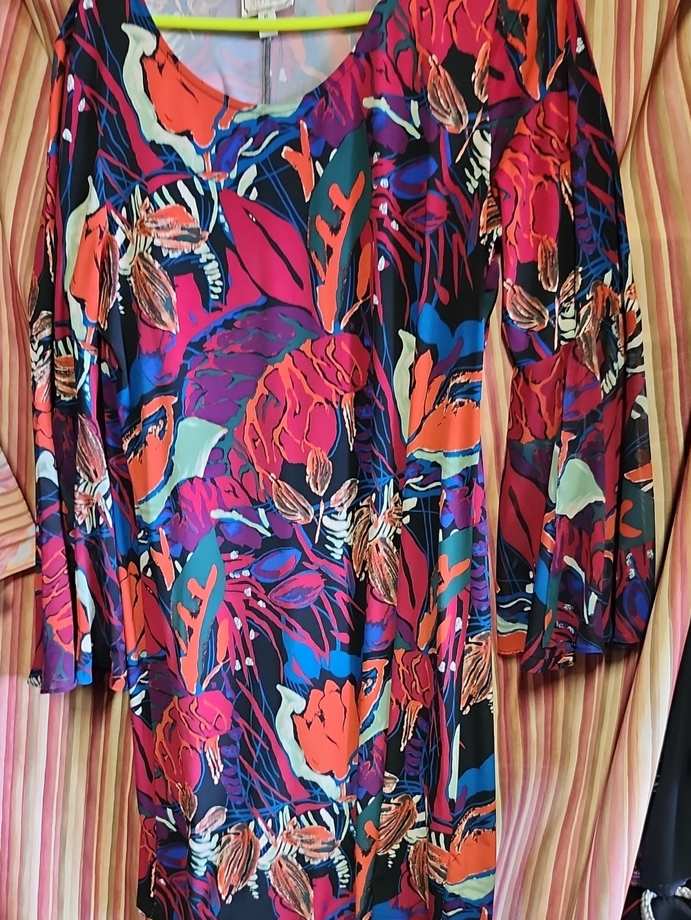 Vibrant Multicolor Floral Midi Dress - Scoop Neck, Long Sleeves